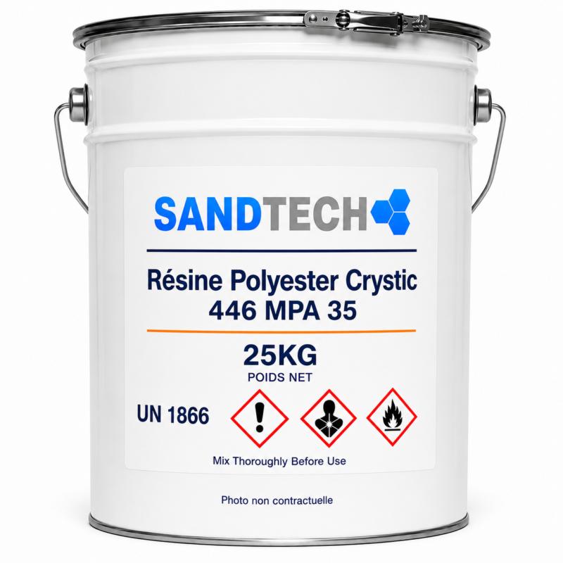 bidon de résine polyester Scott Bader Crystic 446 MPA35 (Été) orthophtalique est une résine de stratification conçue pour les professionnels du composite, de la réparation et de la fabrication de pièces techniques en 25kg
