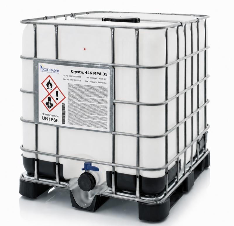 container de résine polyester Scott Bader Crystic 446 MPA35 (Été) orthophtalique est une résine de stratification conçue pour les professionnels du composite, de la réparation et de la fabrication de pièces techniques en 1100kg