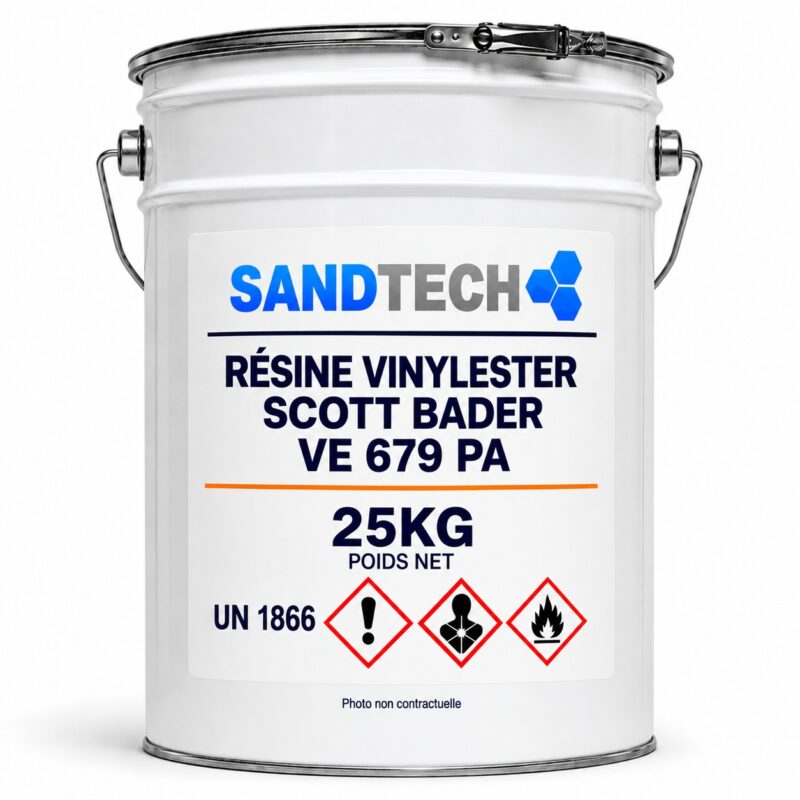 Résine vinylester Scott Bader CRYSTIC VE 679 PA en 25 kg. Résine thixotrope pré-accélérée pour moules composites et applications nautiques.