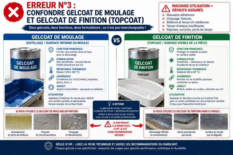 Erreur n°3 - Confondre Gelcoat de moulage et Gelcoat de finition (Topcoat) Erreur n°3 - Confondre Gelcoat de moulage et Gelcoat de finition (Topcoat)