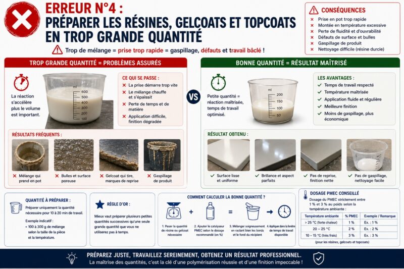 Erreur n°4 Préparer les résines, gelcoats et topcoats en trop grande quantité Erreur n°4 Préparer les résines, gelcoats et topcoats en trop grande quantité