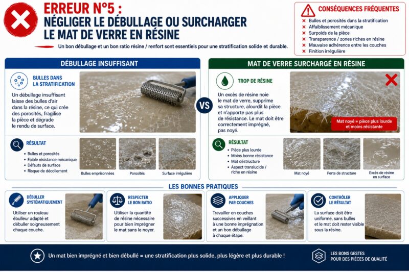 Erreur n°5 - Négliger le débullage ou surcharger le mat de verre en résine Erreur n°5 - Négliger le débullage ou surcharger le mat de verre en résine