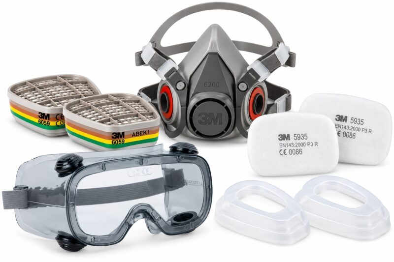 Kit complet masque 3M 6200 avec filtres 6059, 5935, supports 501 et lunettes Delta Plus RUIZ
